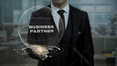 Profession tutor presenting Business Partner concept with hologram on his hand.