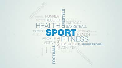 Sport fitness health lifestyle olympics marathon training running workout football championship animated word cloud