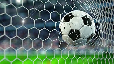 Beautiful Soccer Ball flies into Goal Net in Slow Motion. Football 3d animation 4k