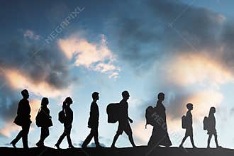 Refugees People With Luggage Walking In A Row