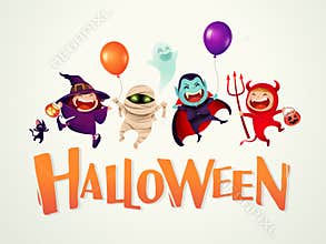 Happy Halloween! Halloween Kids Costume Party. Group of kids in Halloween costume.