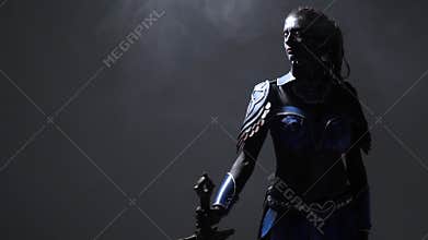 Cosplay girl fantasy character in armor with weapons, slow motion