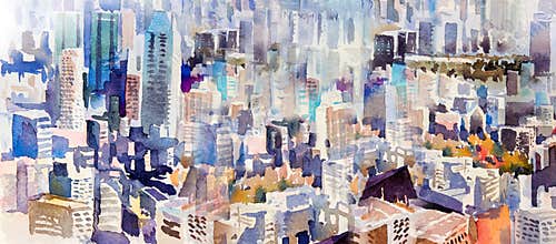 Watercolor painting landscape colorful of city