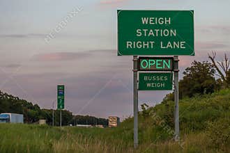 Weigh station sign on Interstate 44 in Oklahoma indicating the s
