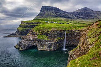 Gasadalur village and Beautiful waterfall,Vagar, Faroe Islands