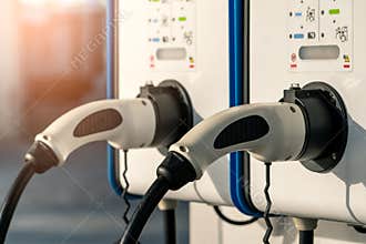 Electric car charging station. Plug for vehicle with electric motor. Coin-operated charging station. Clean energy power.