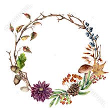 Watercolor autumn tree branch and flower wreath. Hand painted wreath with acorn, mushroom, cone, berries and leaves on