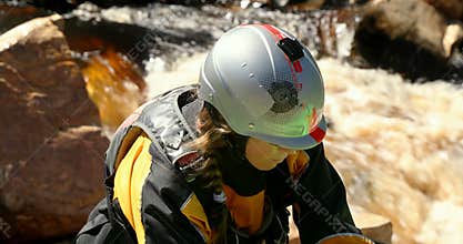Woman preparing to start kayaking in the river 4k