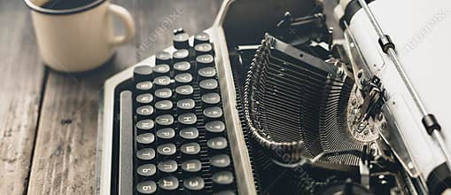 Author Workplace At Home Concept. Typewriter With Paper Sheet