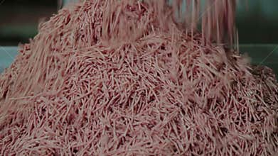 Industrial sausages production process at meat and sausage making plant