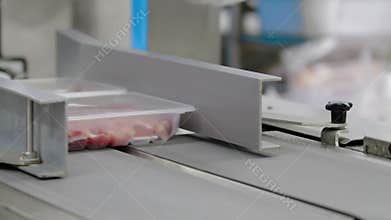 Vacuumed Packaging meat on the production line at the factory