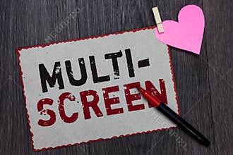 Text sign showing Multi Screen. Conceptual photo Having or involving several screen especially in a cinema White page red borders