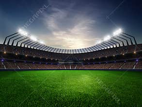 Stadium sunset with people fans. 3d render illustration cloudy