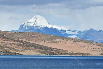 Tibet. Sacred lake Manasarovar and southern face of Kailas