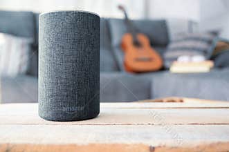 BARCELONA - JULY 2018: Amazon Echo Smart Home Alexa Voice Service in a living room on July 20, 2018 in Barcelona.