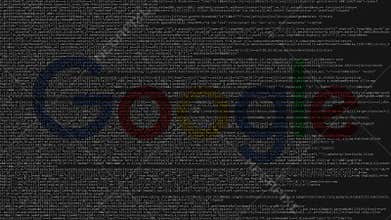 Google logo made of source code on computer screen. Editorial loopable animation