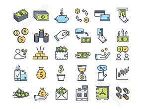Money and Finance icons. Vector thin outline pictograms with flat color related with payment, finances and economy