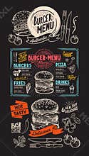 Food menu for burger restaurant. Vector food flyer for bar and