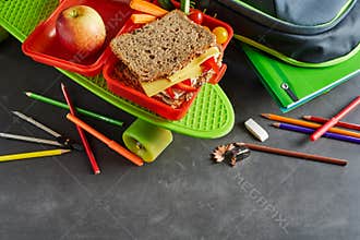 Kids school lunch box, skate and backpack