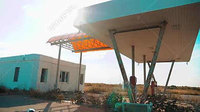 Main street of America. Route 66. Crisis road 66 fuelling slow motion video. Old dirty deserted gas station. lifestyle U