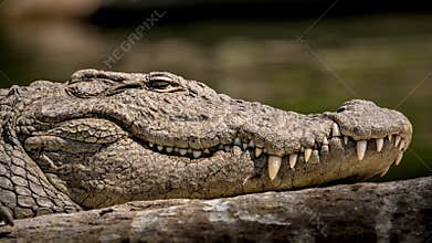 Wild Marsh Crocodile Close-up, with Eyes, Skin Texture and Teeth Patterns Visible