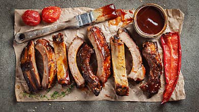 Closeup of pork ribs grilled with BBQ sauce and caramelized in honey. Tasty snack to beer on a paper for filing on dark concrete