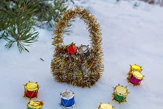 Basket under the Christmas tree. Surprise for young children