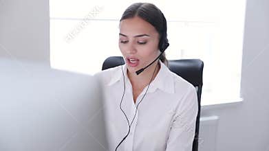 Call Center. Woman Operator In Headset On Hotline Support