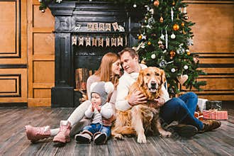 Theme Christmas and New Year family circle. Young Caucasian family with 1 year old child dog breed Labrador Golden Retriever