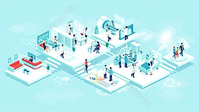 Isometric vector of a medical clinic hospital inpatient care with rooms, patients, doctors and nurses.