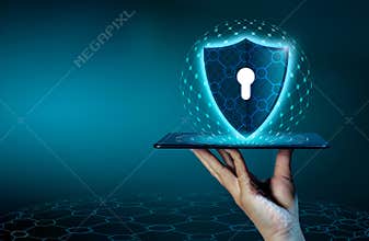 Shield Internet phone Smartphone is protected from hacker attacks, Firewall Business people press the protected phone on the inter