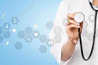 Medicine technology and healthcare concept. Medical doctor working with modern pc. Icons on virtual screen.
