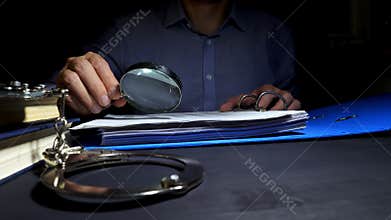 Man using magnifying glass for check business documents for investigation. Tax evasion.