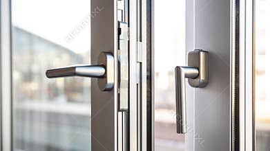 Close up view of aluminum door window handles, against a blurry
