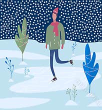 Young man skating on Ice rink. Winter activities.