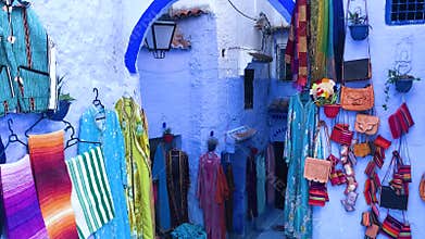Colorful souvenirs of the blue medina of town Chefchaouen in Morocco