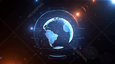 Spinning of digital earth planet. Glowing and shining hologram of earth.