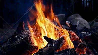 Closeup of campfire bonfire ablaze at night with hot embers and red coals