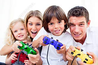 Animated family playing video game