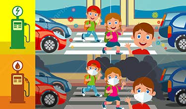 Children with electric cars and petrol cars