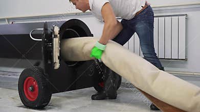 Automatic washing and cleaning of carpets. Industrial line for washing carpets.