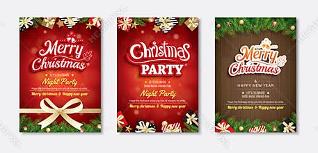 Merry christmas greeting card and party invitations on red background. Vector illustration for happy new year flyer brochure
