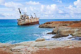Goust old wreck ship and blue water beach. Travel photo 2018, de