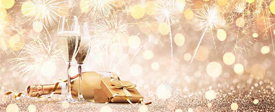 New Years Eve Celebration with Champagne and Fireworks