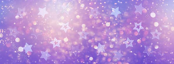 Violet, purple stars on gold background with bokeh. Texture for new year, birthday, baby shower party. Creative pattern. Banner
