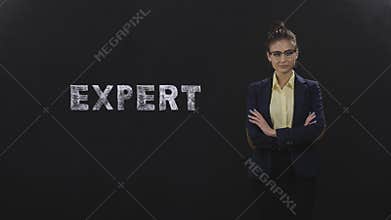 Influential expert girl in business suit stand on black background in studio