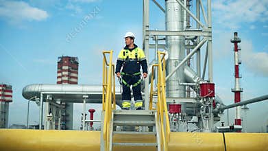 Male worker wearing protective hard hat and uniform climbing up to stairs control industrial safety