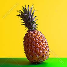 Square frame for pineapple advertising. Ripe sweet exotic fruit stands on a green table with a yellow background. Clipart for