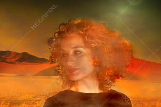 Portrait of a woman in early morning fog in the desert