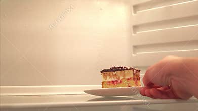 Delicious Cake in the refrigerator. Healthy food, difficult choice.